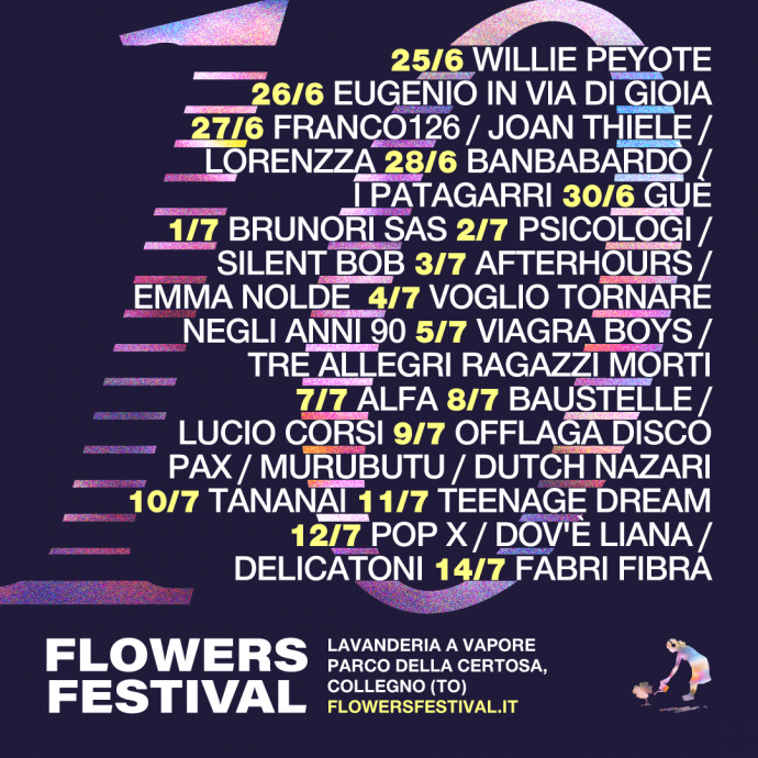 Flowers Festival 2025 - dal 25 giugno al 14 luglio 2025 - decima edizione - Cortile Lavanderia a Vapore, Parco della Certosa, Collegno (TO)
