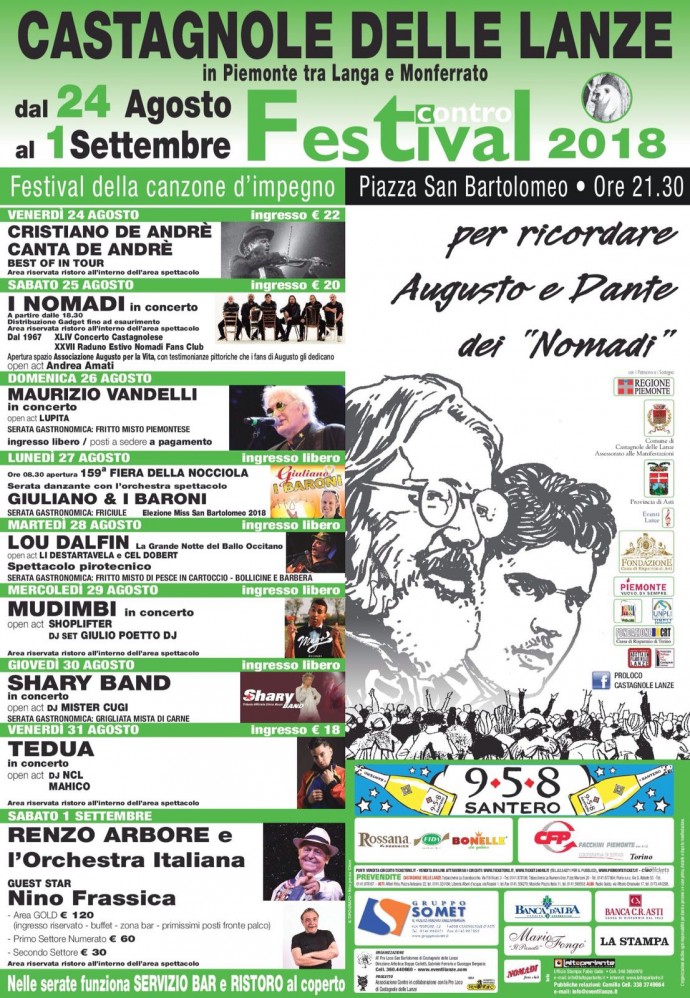 Festival Contro 2018: Dal 24 agosto al 1 settembre torna il “Festival Della Canzone d’Impegno” a Castagnole delle Lanze (At)