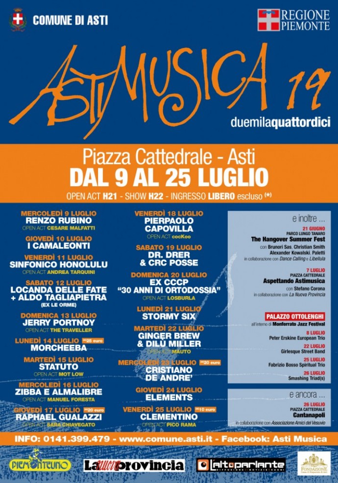 AstiMusica: inizia mercoledì 9 luglio il festival di Asti con Morcheeba, gli ex CCCP, Camaleonti, gli Statuto, Pierpaolo Capovilla, Stormy Six, Zibba & Almalibre, Raphael Gualazzi, Cristiano De Andrè e altri