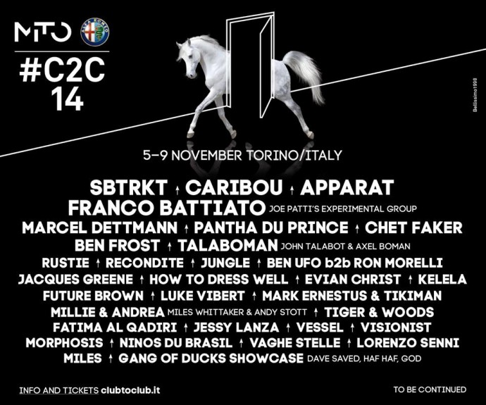 Arriva immancabile anche quest'anno #C2C14, a Torino con Caribou, Franco Battiato // Joe Patti’s Experimental Group, Ben Frost, SBTRKT, Apparat, Tiger & Woods e molti altri