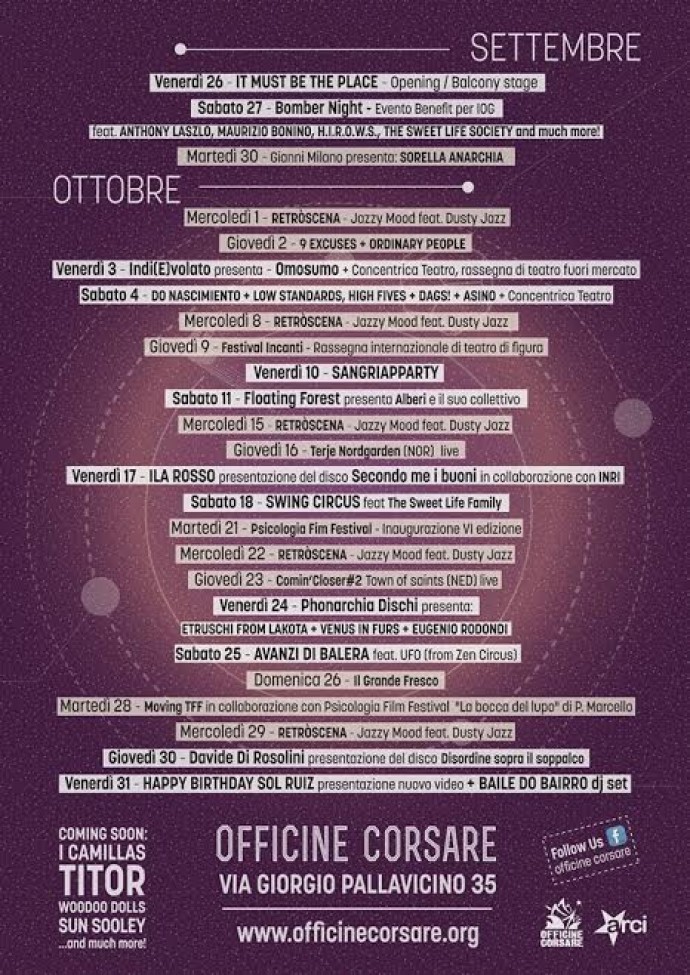 OFFICINE CORSARE, Torino, Ecco il  programma dall'aperture della nuova stagione, il 26 settembre al 4 ottobre