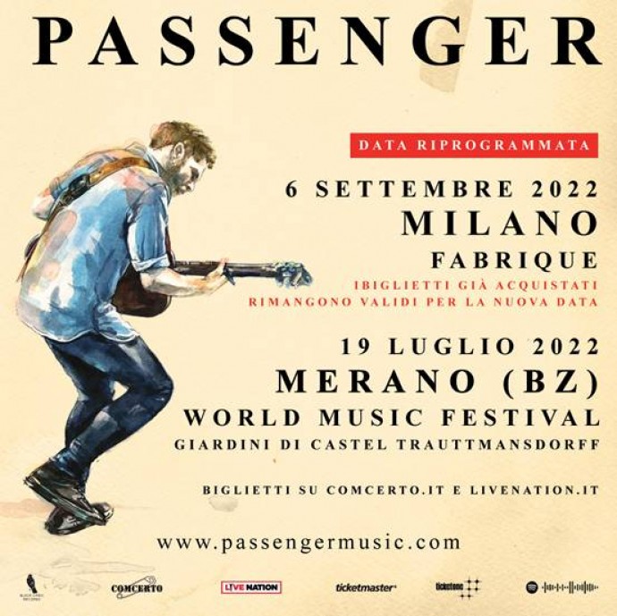 Passenger: concerto riprogrammato a settembre 2022