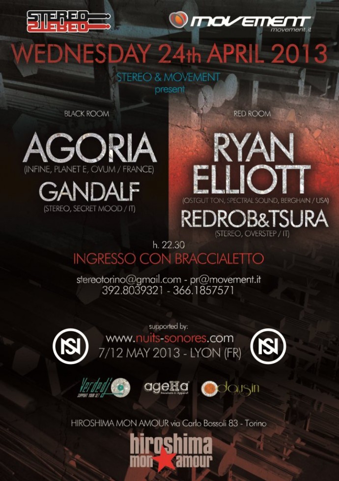 Tra 25 Aprile e 1 Maggio all'Hiroshima: Agoria + Ryan Elliot, Selton, Statuto, Wanted 1 Maggio