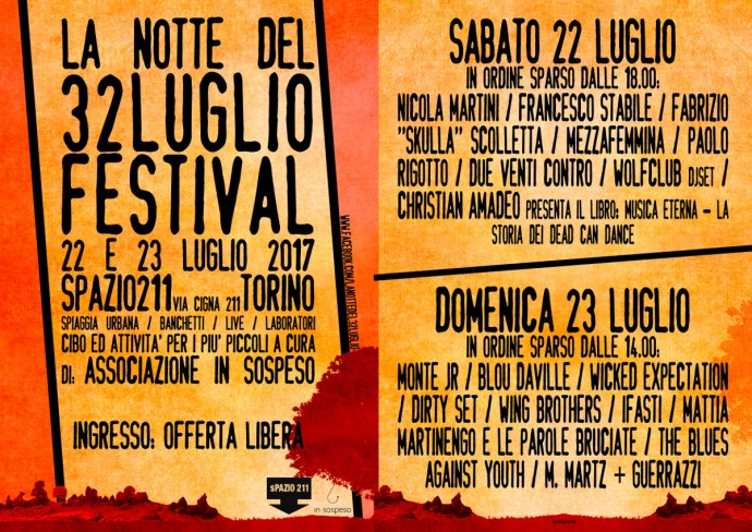 La Notte del 32 Luglio festival, sabato 22 e domenica 23 Spazio 211 - Torino