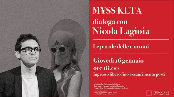 M¥ss Keta dialoga con Nicola Lagioia, il 16 gennaio a Roma nella sede della Tteccani per 